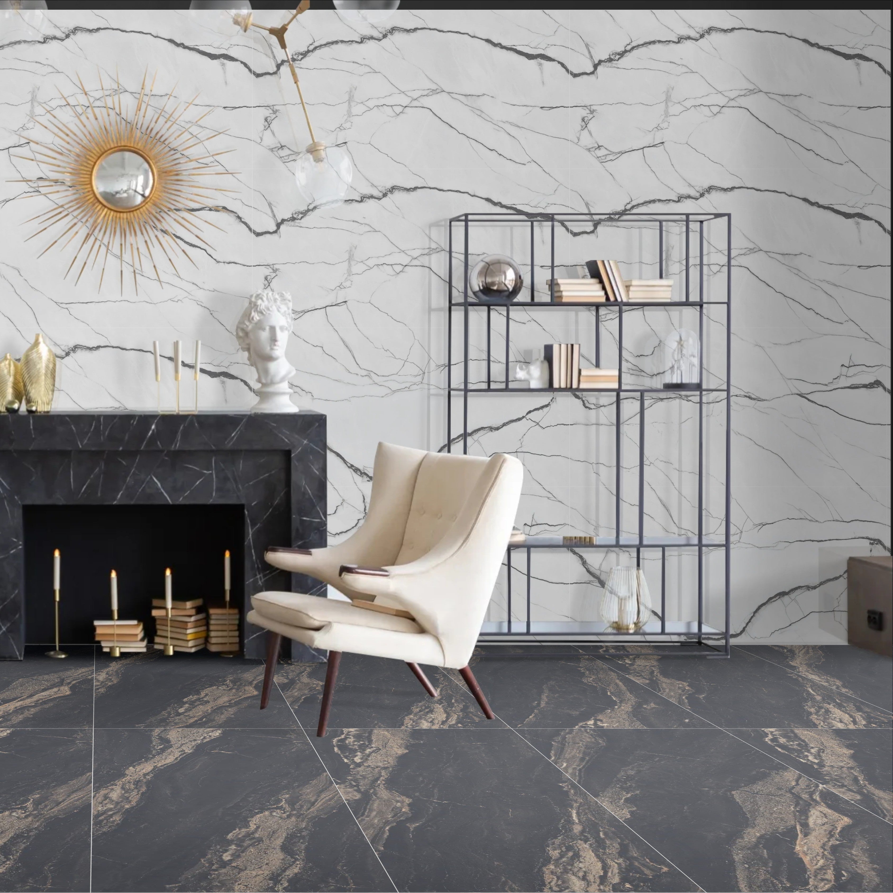 Black Luxe High Gloss Sugar and Glue Effect Porcelain 60x120cm Wall Floor Tiles