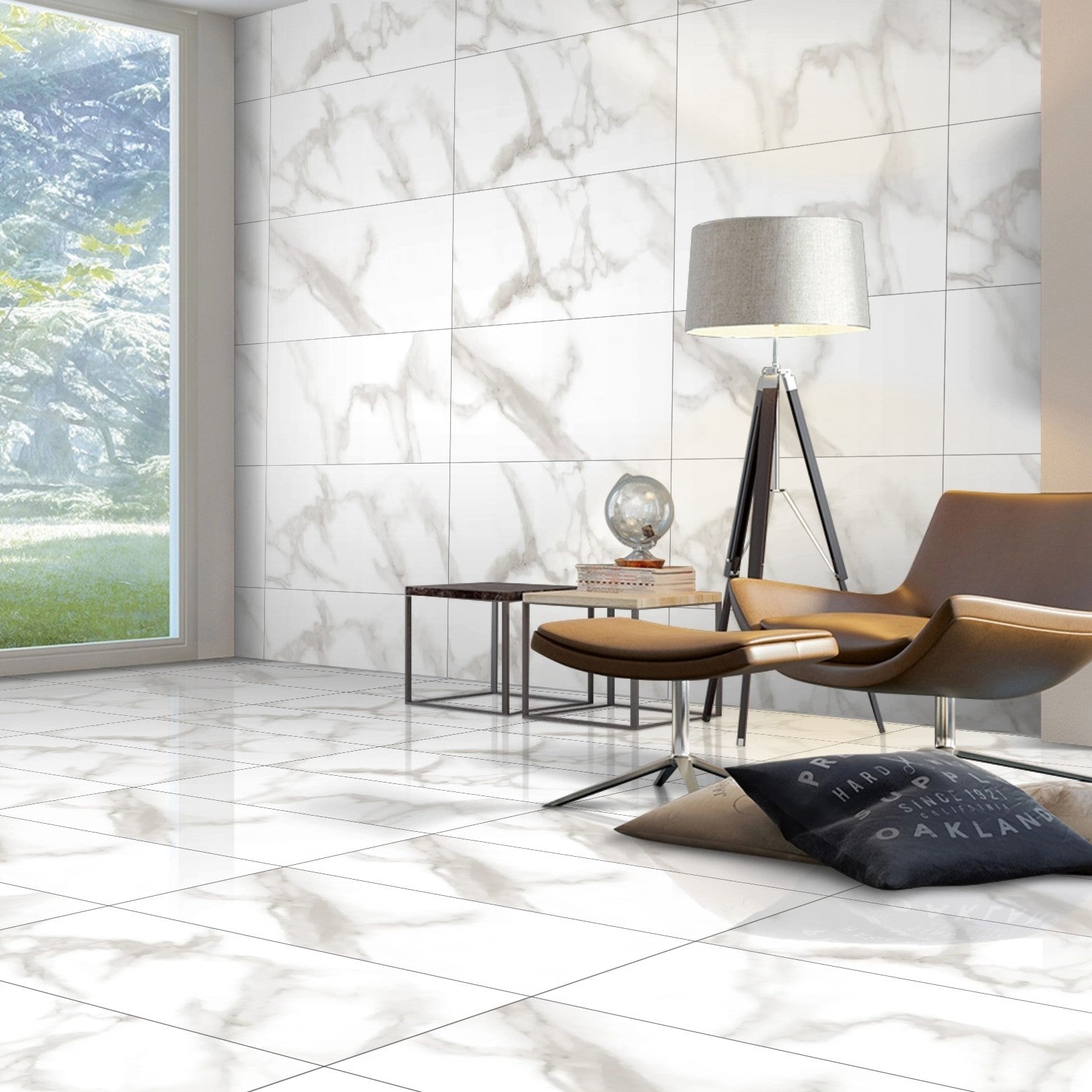 Etched Carrara White Marble Effect 30x60cm Wall Floor Gloss Tiles