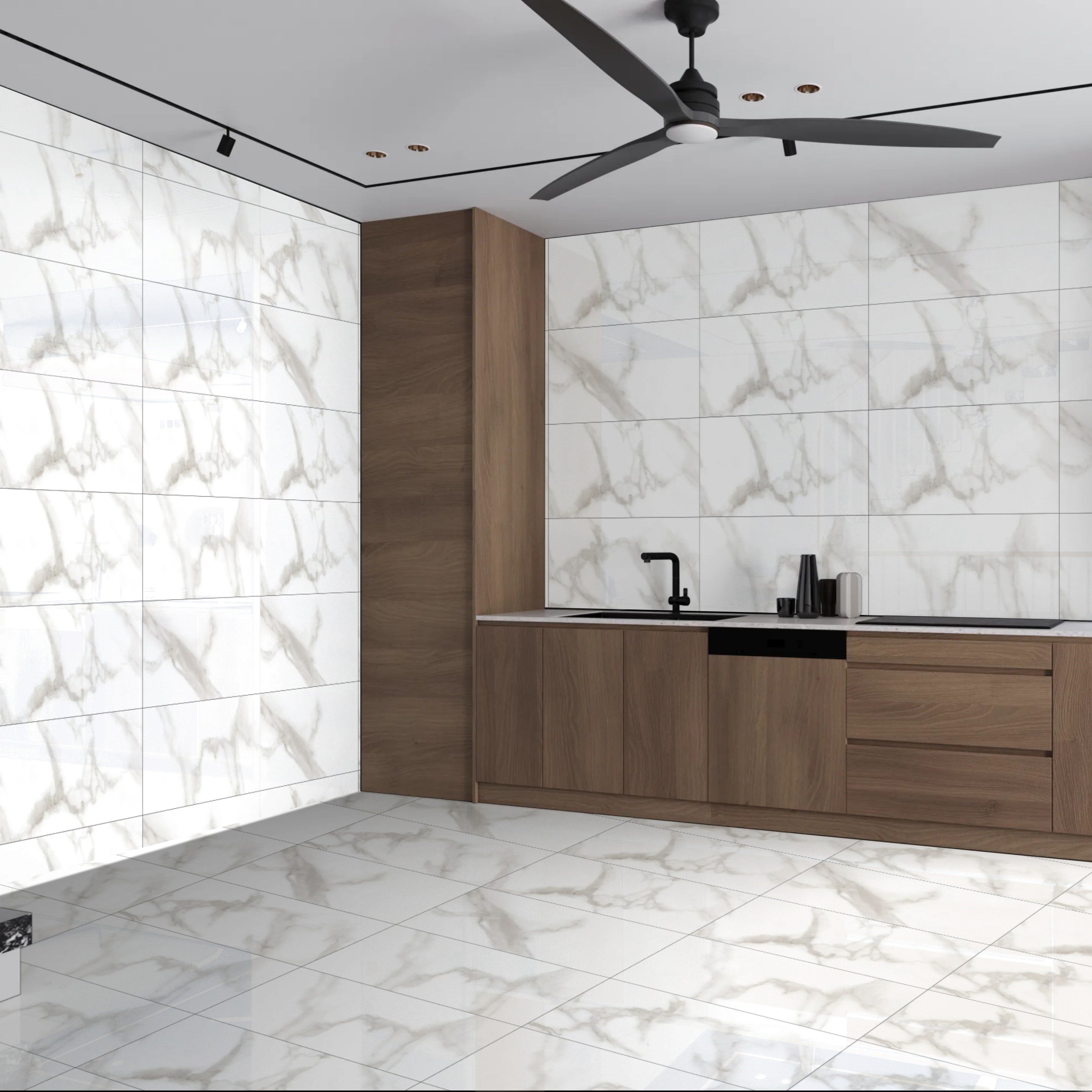 Etched Carrara White Marble Effect 30x60cm Wall Floor Gloss Tiles