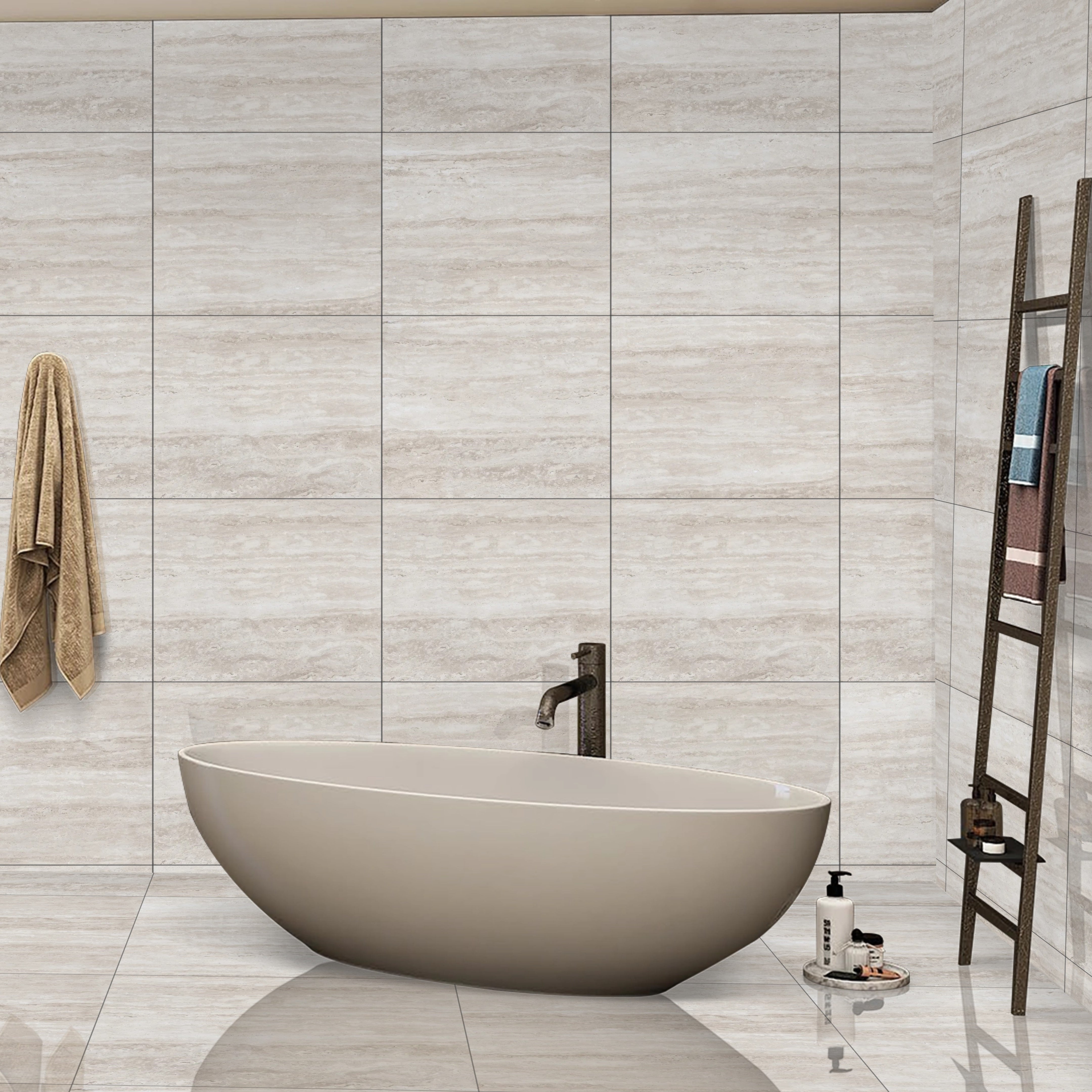 Travertine Mist Grey Porcelain 60x60cm Gloss Wall And Floor Tile