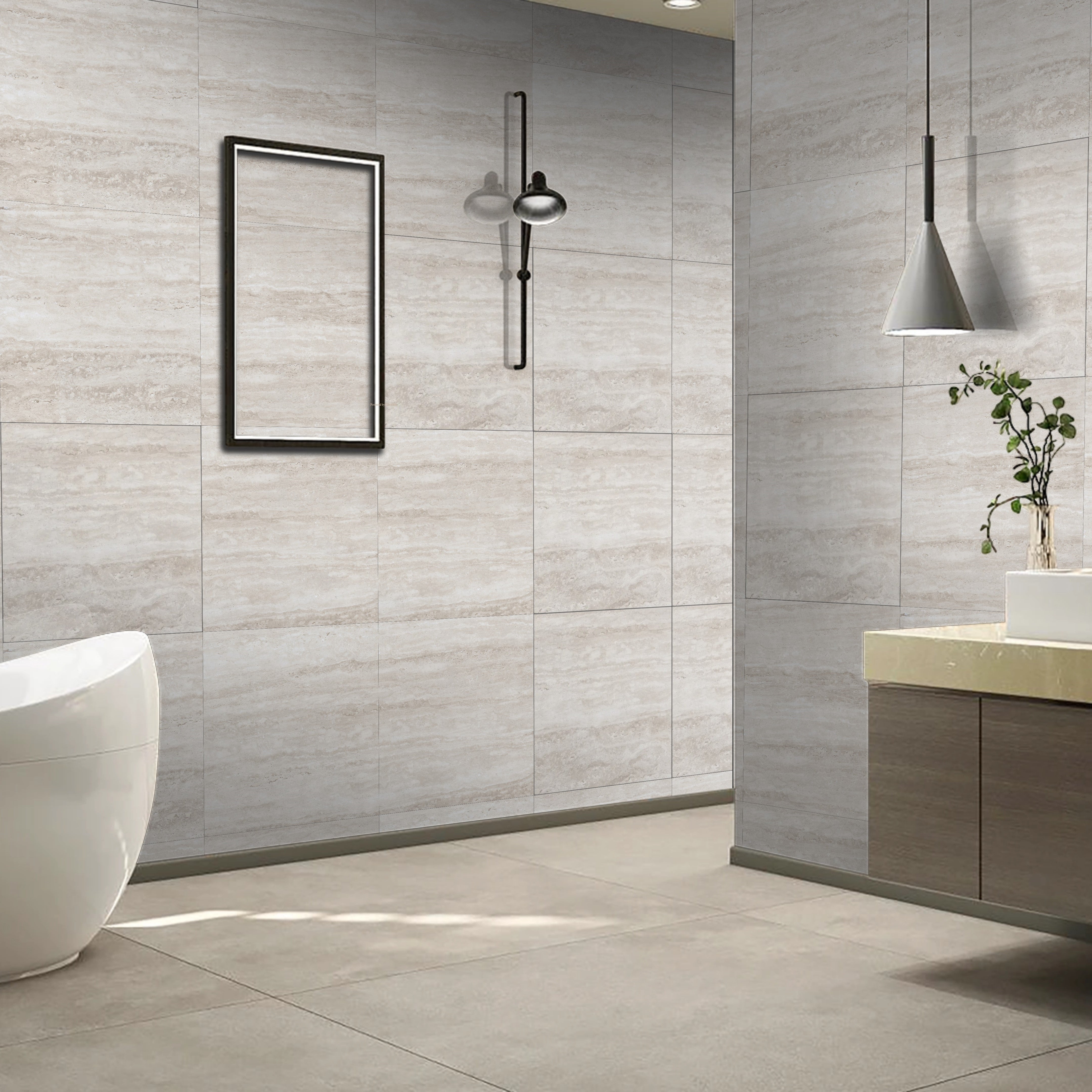 Travertine Mist Grey Porcelain 60x60cm Gloss Wall And Floor Tile