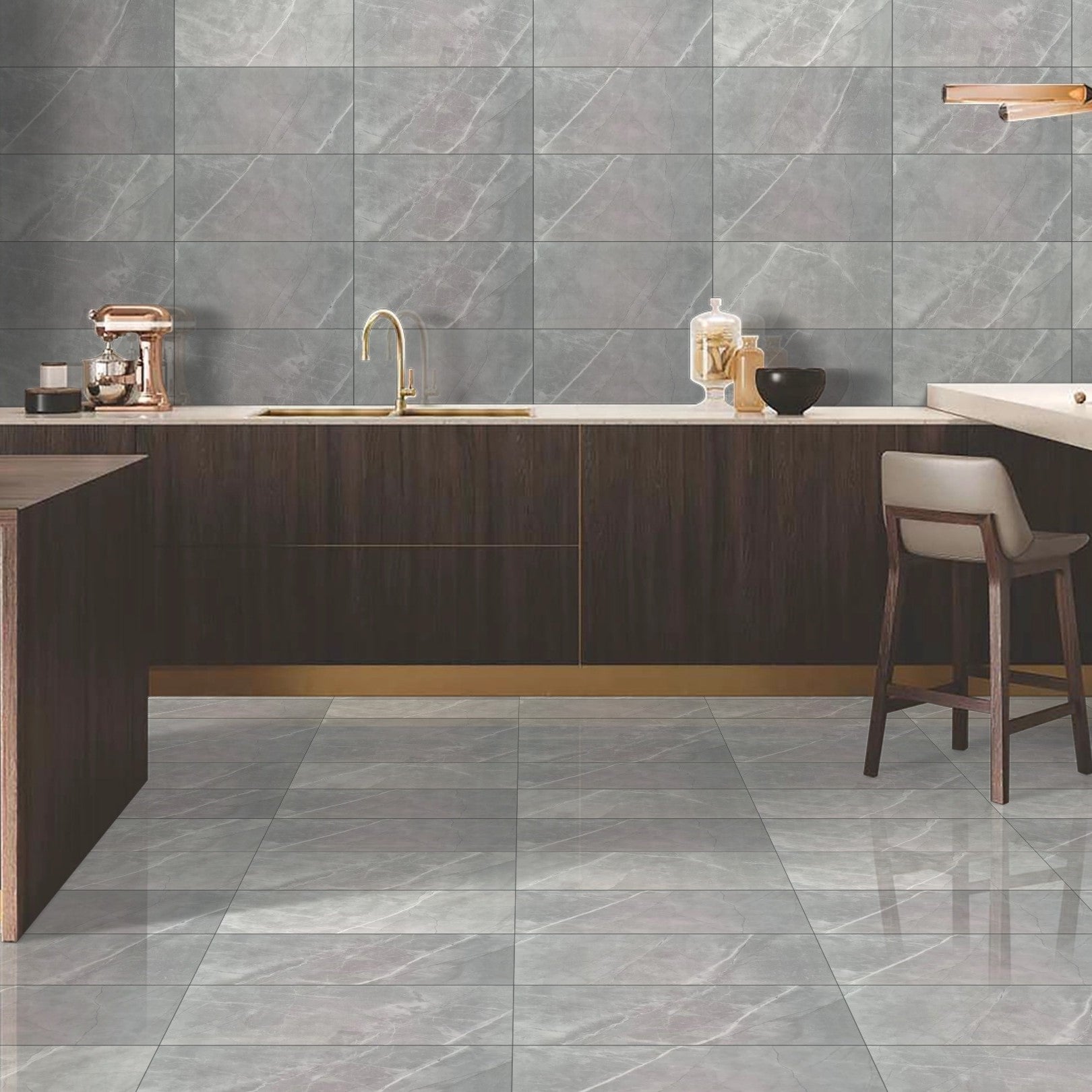 Nocturnal Storm Grey Gloss marble effect 30x60cm Wall and Floor Tile